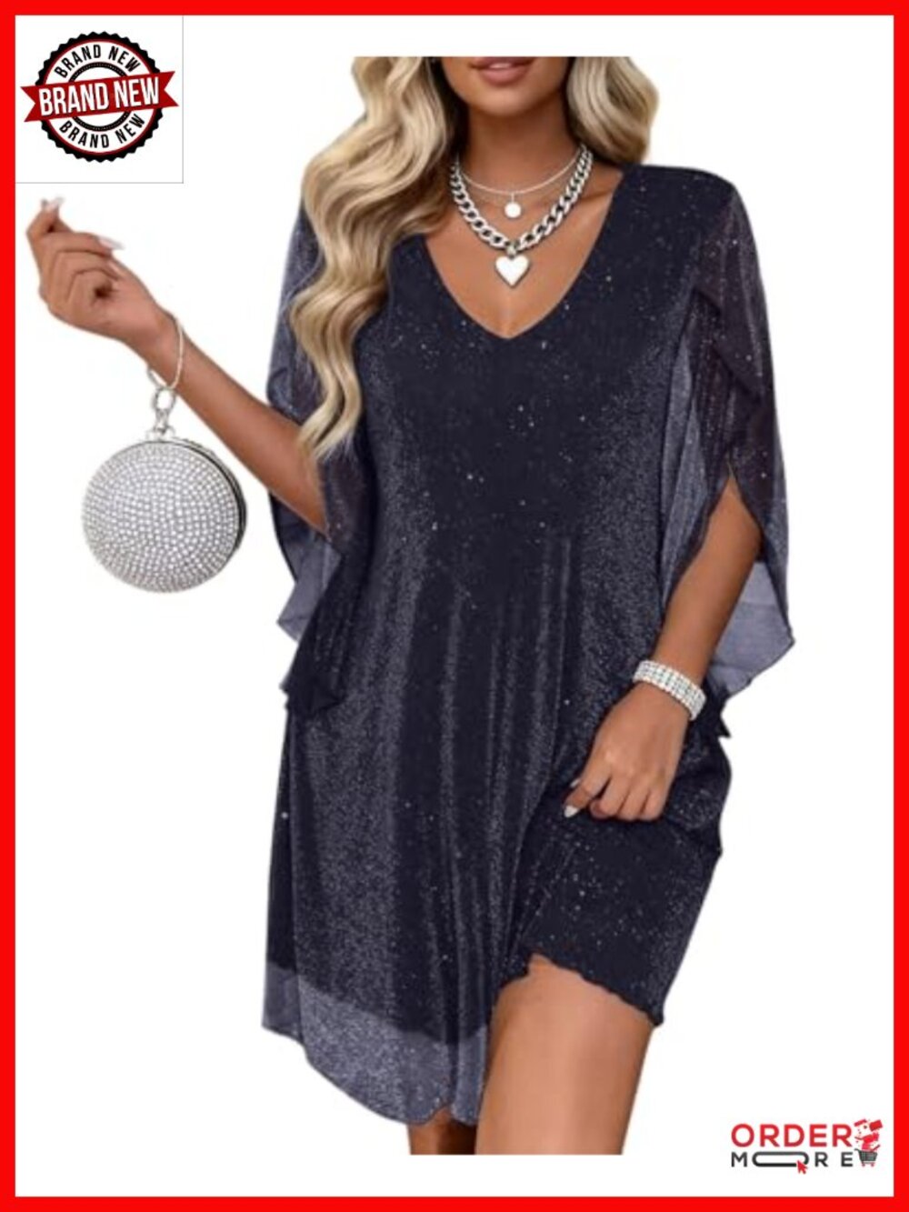 Sparkly Flutter Sleeve Chiffon Party Dress V-Neck 3/4 Sleeve
